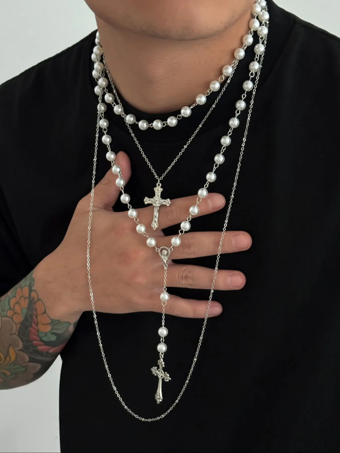 Y2K Punk Layered Imitation Pearl Cross Necklace, Long Sweater Chain, Street Style, All Seasons, No Choking Hazard, Unisex Fashion Jewelry, Faux Pearl Jewelry, Alloy Necklace