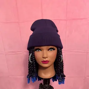 Women's Custom Made 10" Black-Blue Box Braids with Curly Ends Wig Hat Synthetic Hair Stylish Unique Accessory