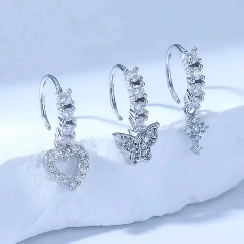 Women's Silver Color Zirconia Heart Cross Butterfly Nose Studs Set, Casual Body Jewelry Gift for Women, All Seasons Wear Nose Rings, Body Jewellery