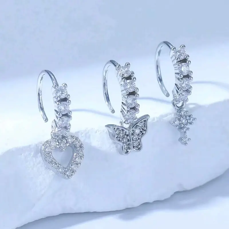 Women's Silver Color Zirconia Heart Cross Butterfly Nose Studs Set, Casual Body Jewelry Gift for Women, All Seasons Wear Nose Rings, Body Jewellery