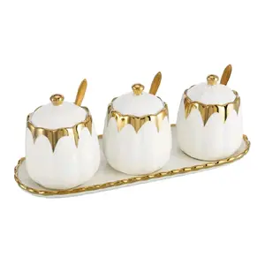 Porcelain Condiment Jar Spice Container with Lids, Spoon and Tray, Set of 3,Modern Spice Box Seasoning Jar for Your Home, Kitchen, Counter (White gold)