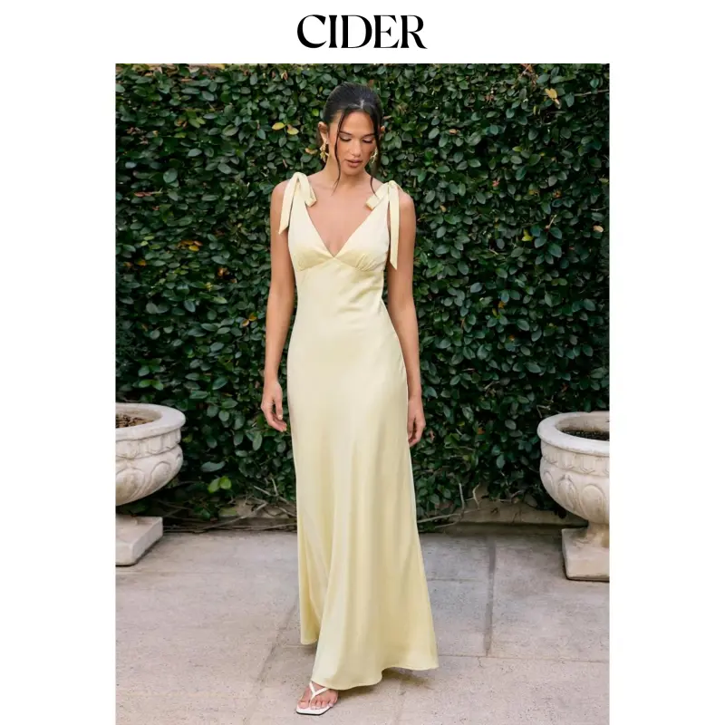 Cider Satin V-neck Twist Knotted Flared Maxi Dress