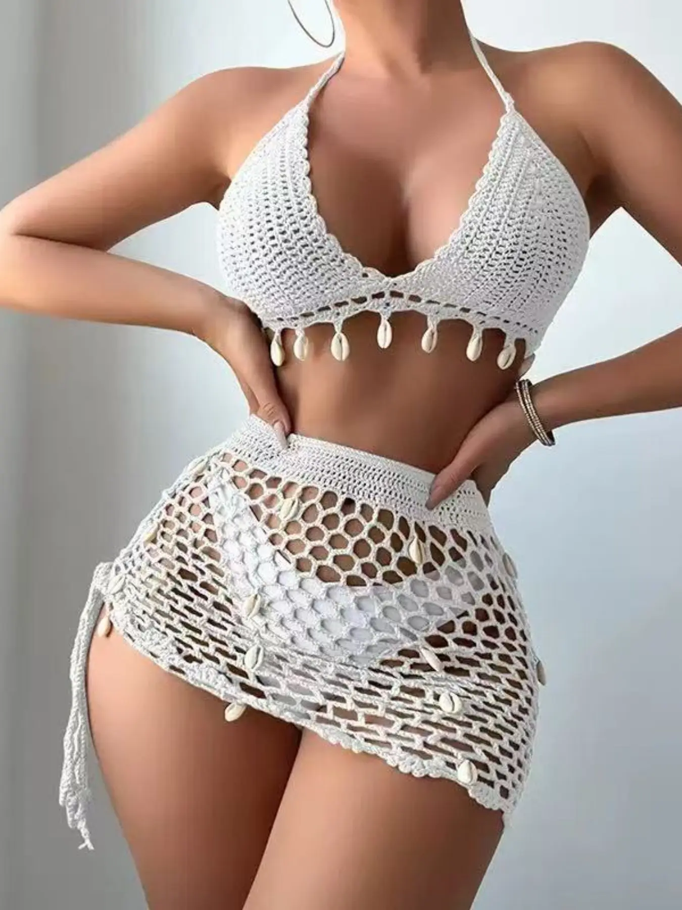 Women's Beach Hand Hook Shell Cutout Sexy Halter Tie Bikini Set, Bohemian Style Long Swimwear for All Seasons, Perfect for Coastal Vacations