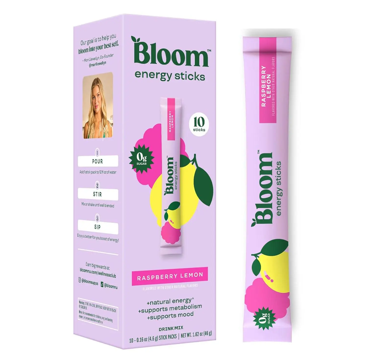 Bloom Nutrition Energy Drink Powder Packets, Raspberry Lemonade, 10 Count | Sugar Free Drink Mix with L-Theanine, B Vitamins & Natural Caffeine, On the Go Powder Sticks for Natural Energy, 10 Calories