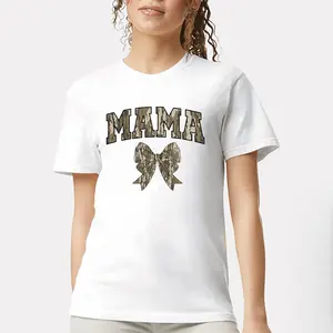 Oldschool MAMA Camo Coquette Bow T Shirts - Unisex Cotton Round Neck Tee "MAMA" and Bow Design for Moms, Mother's Day Gift,  Round Neck Short Sleeve T-shirt Unisex Cotton T Shirts