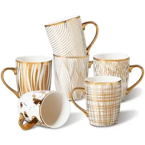 Contenpo 18oz Gold-Plated Ceramic Mugs Set - Elegant White & Gold, Multicolored, Set of 6 for Latte, Tea, Cappuccino & Mocha - Ideal for Home Decor