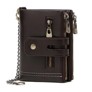 Men’s Anti-Theft Chain Wallet – Vintage Leather Bifold Wallet with Zipper Pocket & Card Slots