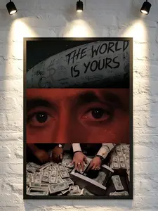 Scarface Tony Montana 'The World is Yours' Canvas Poster  Iconic 80s gangster movie wall art, featuring Tony's eyes, stacks of cash, and famous quotes, high-quality wall decor, suitable for men's lounge and bedroom