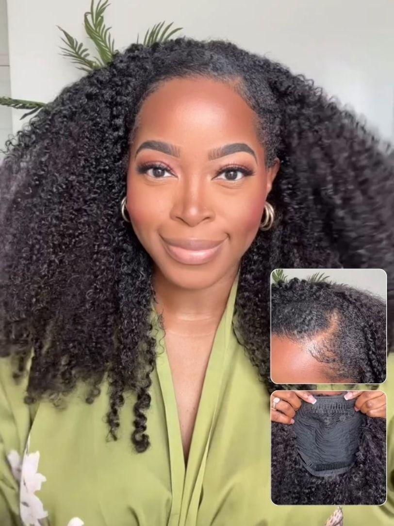 [All Styles In One]Tuneful 3 In 1 Kinky Curly Half Wig Human Hair 180% Density Ready Go Glueless Wigs Human Hair 20 Inch Curly Wigs for Women Drawstring Seamless Flip Headband Wig Beginner Friendly