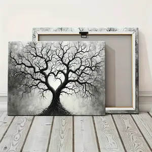 Tree of Life Wall Art - & White Wood Framed Wrapped Canvas Print, Modern Art Deco Tree of Life for Living Room, Bedroom, Office Decor - Symbolic Wood & Canvas Hanging Art (Hook Installation) for home Entrance, Kitchen, Classroom), 2D Flat, Perfect, Decora