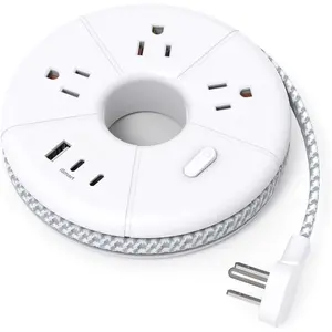 Flat Extension Cord, 5FT USB C Power Strip, Travel Power Strip - 3 AC 3 USB Ports (2 USB C) Desktop  Station, No Surge Protection for Cruise Ship Essentials, Dorm Room, Nightstand, Travel