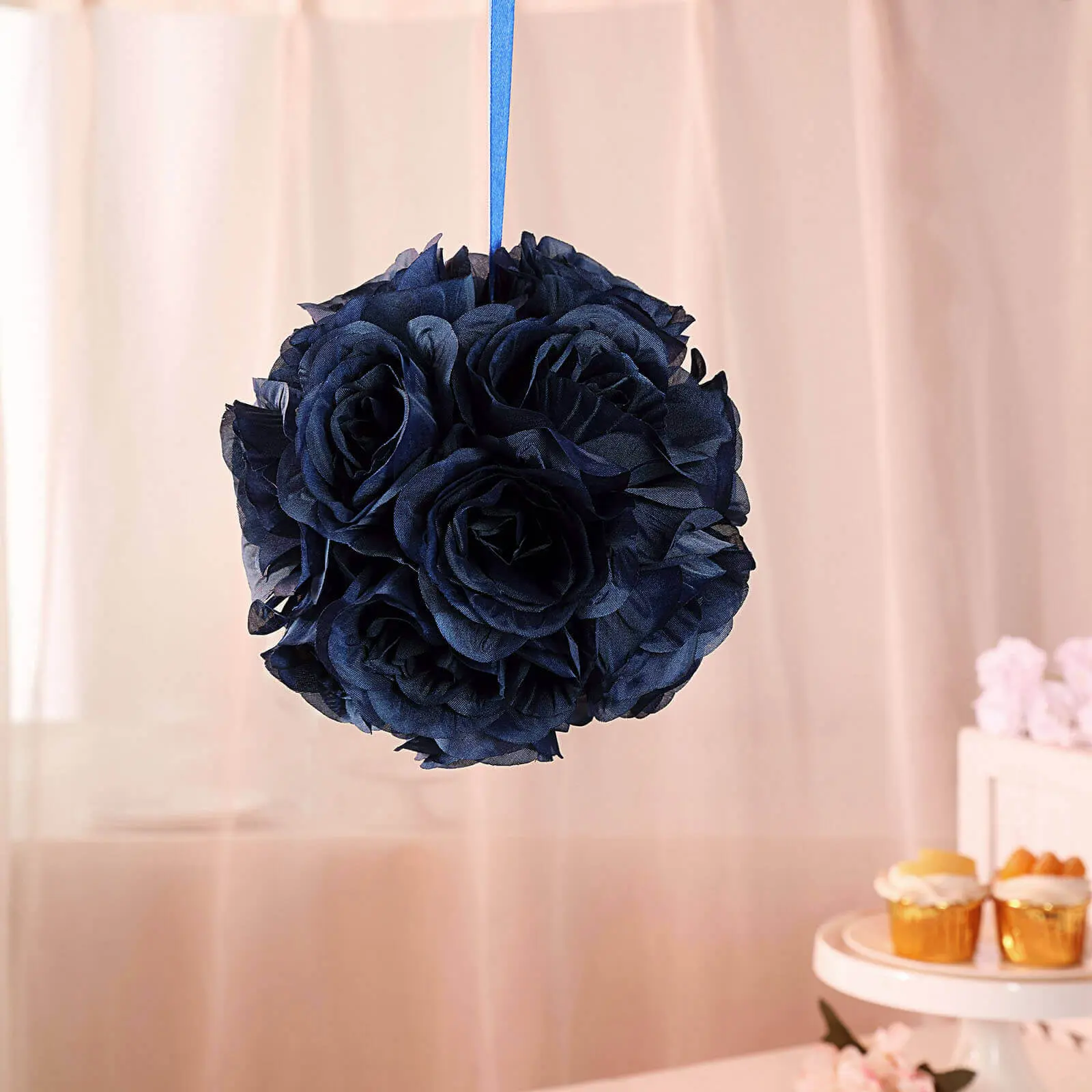 7 Inches Navy Blue Artificial Silk Rose Kissing Balls 2-Pack (2-Piece Sets), Home Decor Ornaments, Centerpiece Decoration for Garden Parties & Party Decor, Decorative