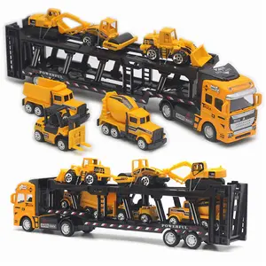 Crelloci 7-in-1 Transport Car Lorry Toys Die-cast Pull Back Construction Truck Set with Digger Forklift Road Roller Concrete Mixer for Kids Boys 3-5 Years Old