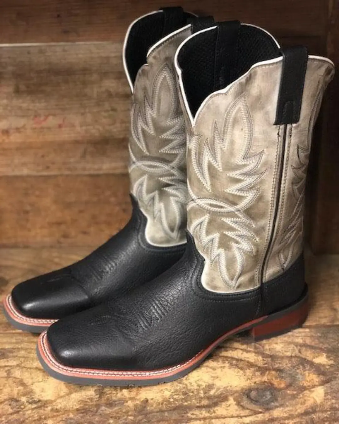 Laredo Men's Issac Black Leather & Grey Top Square Toe Cowboy Boots 7910