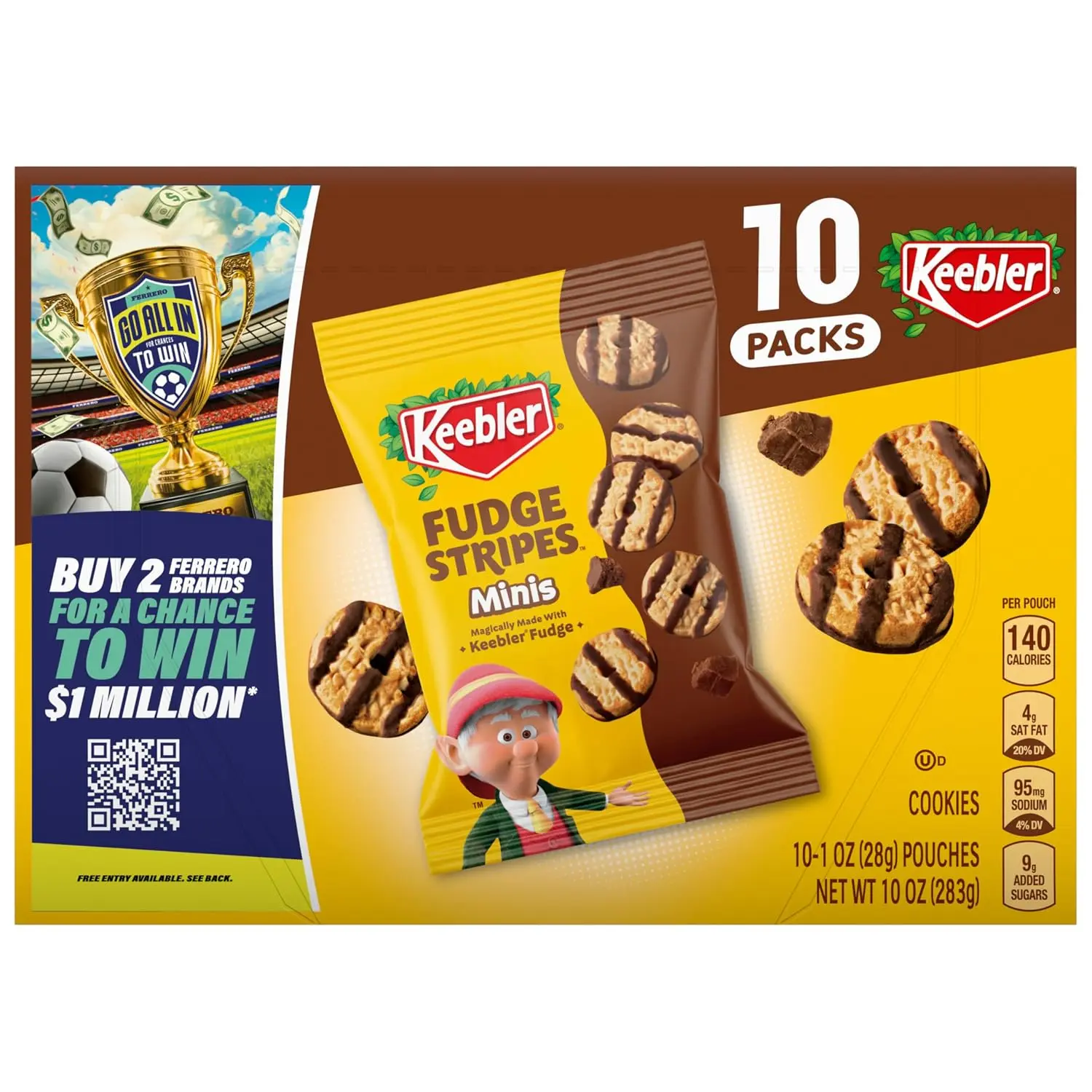 Keebler Fudge Stripes Minis, Original Shortbread Mini Cookies Coated in Keebler Fudge, 1 oz, 10 ct