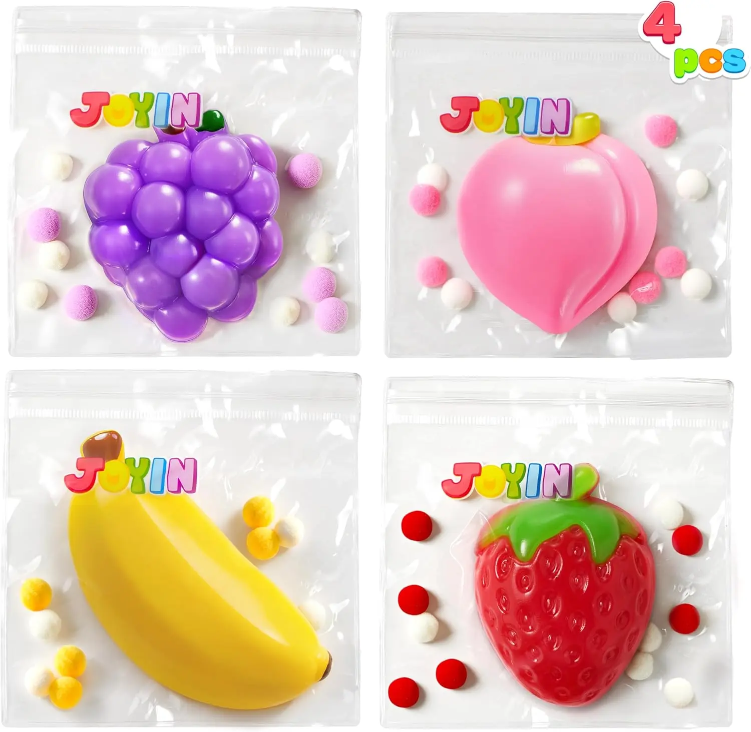 JOYIN 4 Pcs Fruit Taba Squishy Toys, Soft Squeeze Fidgets, Banana, Grape, Strawberry, Peach Fufu Squishy Toys, Cute Taba Squishy Toys for Kids, Party Favors & Gifts