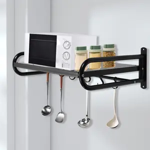 Wall-Mounted Microwave Oven Rack, Durable Carbon Steel, Large Size Shelf for Kitchen Organization, Easy Installation with Hanging Organiser