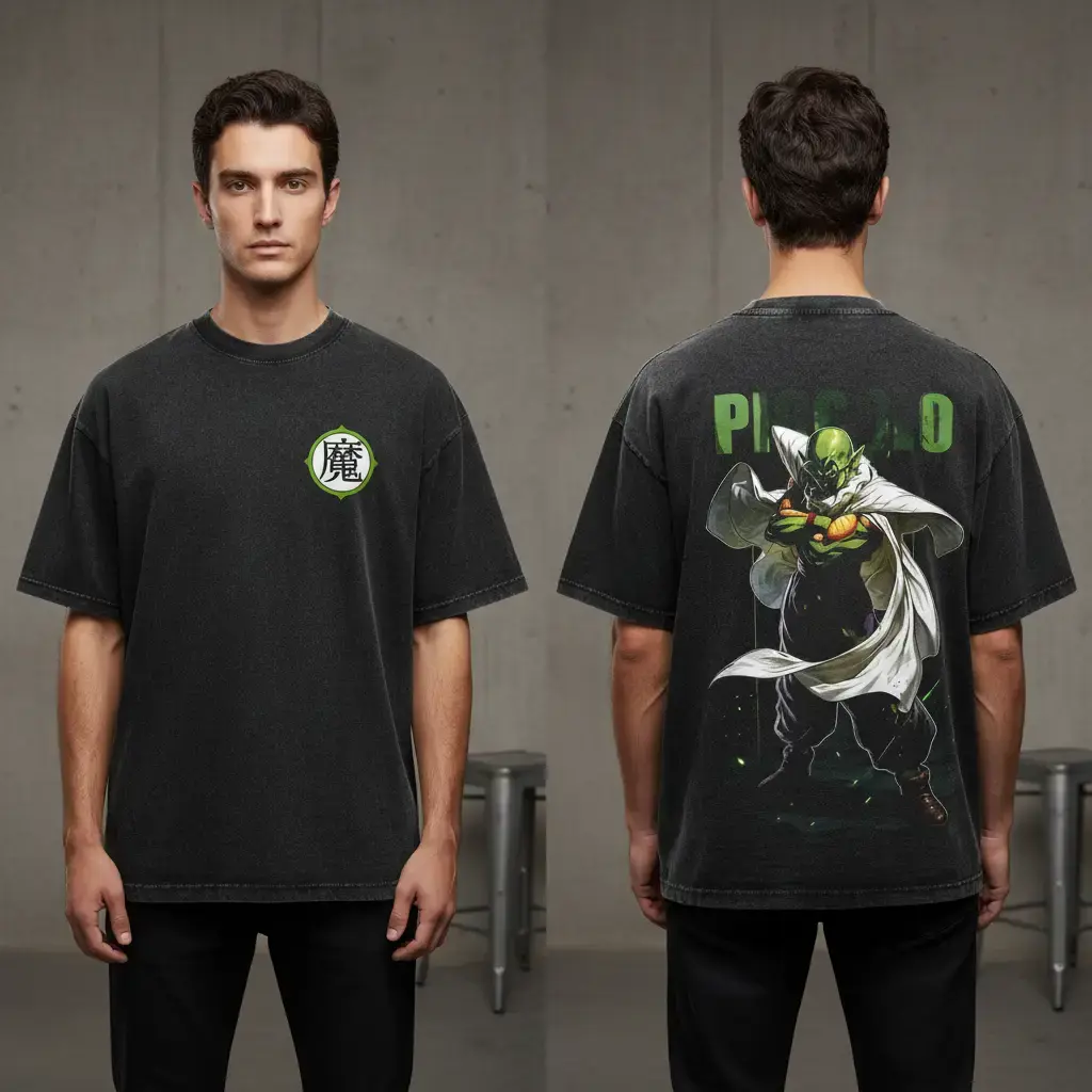 Piccolo Demon Symbol Graphic Tee - DBZ Vintage Acid Washed T-Shirt for Men, Heavyweight Oversized Anime Streetwear Shirt, Green Skin Namekian Retro Manga Apparel
