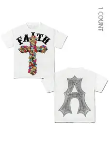 Youth and Adult Cross Letter Print Round Neck T-shirt, Jesus Tee, Religious Shirt, Unisex Streetwear Menswear Cotton Fabric Classic Graphic Tee streetwear  outfits  men grandma's  favorite  shirt boyfriend  tees graphic  tees