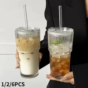 Glass Coffee Mug Set with Lid and Straw, Tumblers, Vertical Striped Design, 13.53oz and 20.29oz, Perfect for Iced Americano, Latte and Water, Glass Drinking Cups