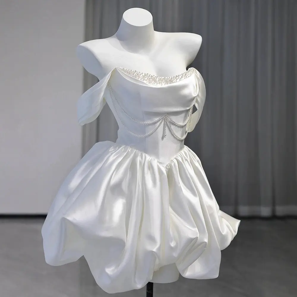 Satin Off-Shoulder Light Wedding Dress Short Engagement Dress Birthday Party Banquet White Mini Dress Womenswear Basic Chic Elegant Minimalist Sleeveless Formal Workwear Evening