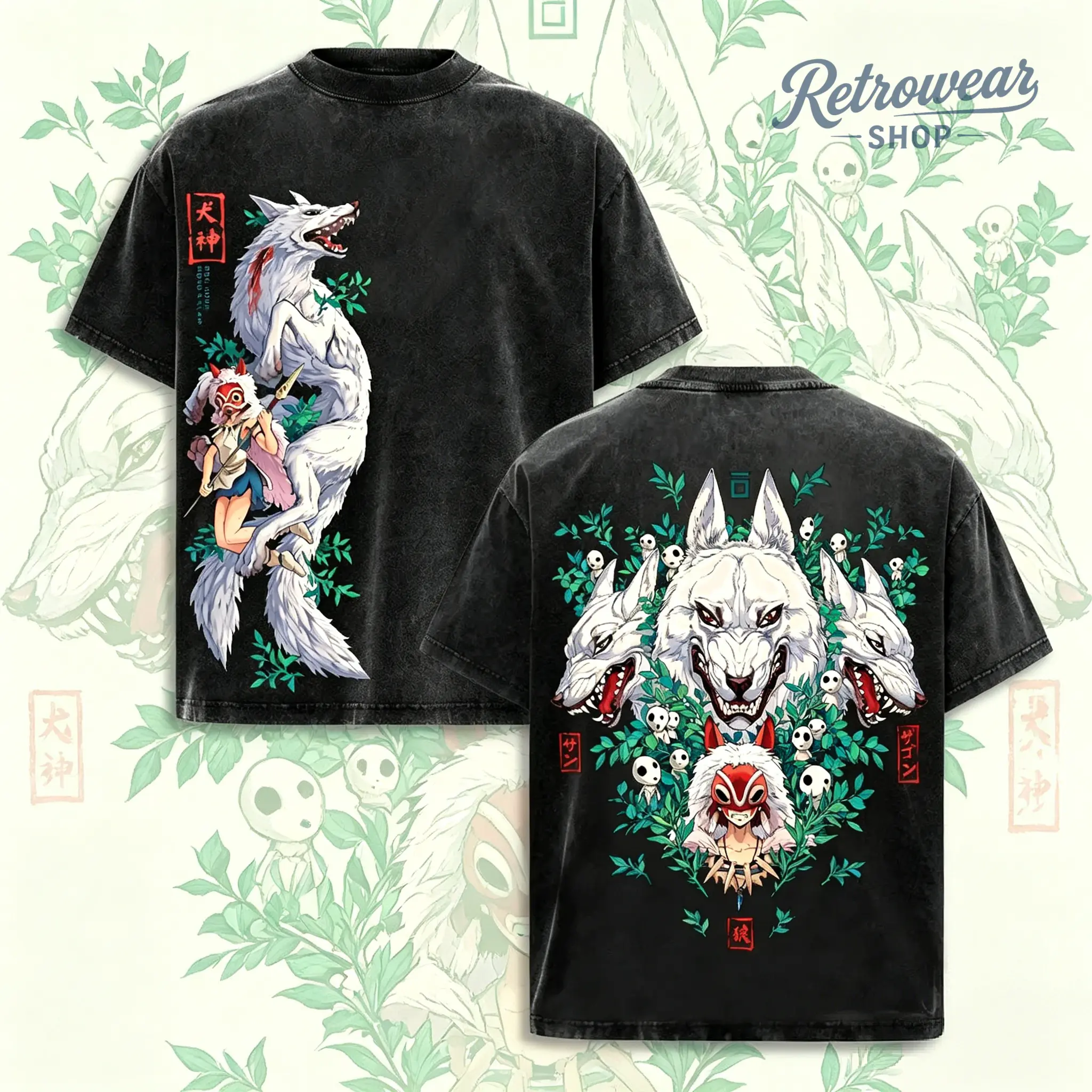 Menswear Round Neck Short-Sleeve T-Shirt, Studio Ghibli Princess Mononoke Vintage Washed Tee, San & Moro Wolf Spirit Anime Graph Top Tshirt Streetwear Crewneck Casual Tropical
