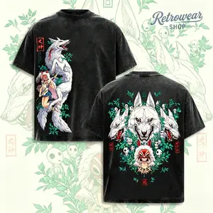 Menswear Round Neck Short-Sleeve T-Shirt, Studio Ghibli Princess Mononoke Vintage Washed Tee, San & Moro Wolf Spirit Anime Graph Top Tshirt Streetwear Crewneck Casual Tropical