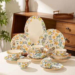 8/13/19-Piece Ceramic Dinnerware Set, Includes Plates and Bowls, Scratch-Resistant, Dishwasher and Microwave Safe, Floral Pattern, Dinnerware Service Set