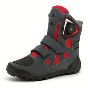 [Men's Motorcycle Boots] Men's All-Season Motorcycle Riding Boots |   Durable Synthetic Ankle Support with Adjustable Buckle Straps, Red Accents & Non-Slip Rubber Sole |   Off-Road Racing, Secure Fit, Adventure Footwear