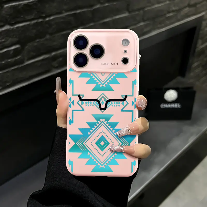 Western Aztec Geometric Bull Head Pattern iPhone Case, Turquoise Southwest Tribal Print Phone Case Suitable for iPhone 17 Air 16 Pro Max 15 14 Plus 13 12 Phone Cases,Shockproof Durable Protective Cover