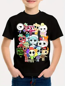 Dandy's World Unisex Youngsters' T-Shirt - Black 3D Printed Cartoon Design, Lightweight Cotton, Short Sleeve, Round Neck, Machine Washable, Perfect for Spring & Summer Playtime, Cartoon T Shirt