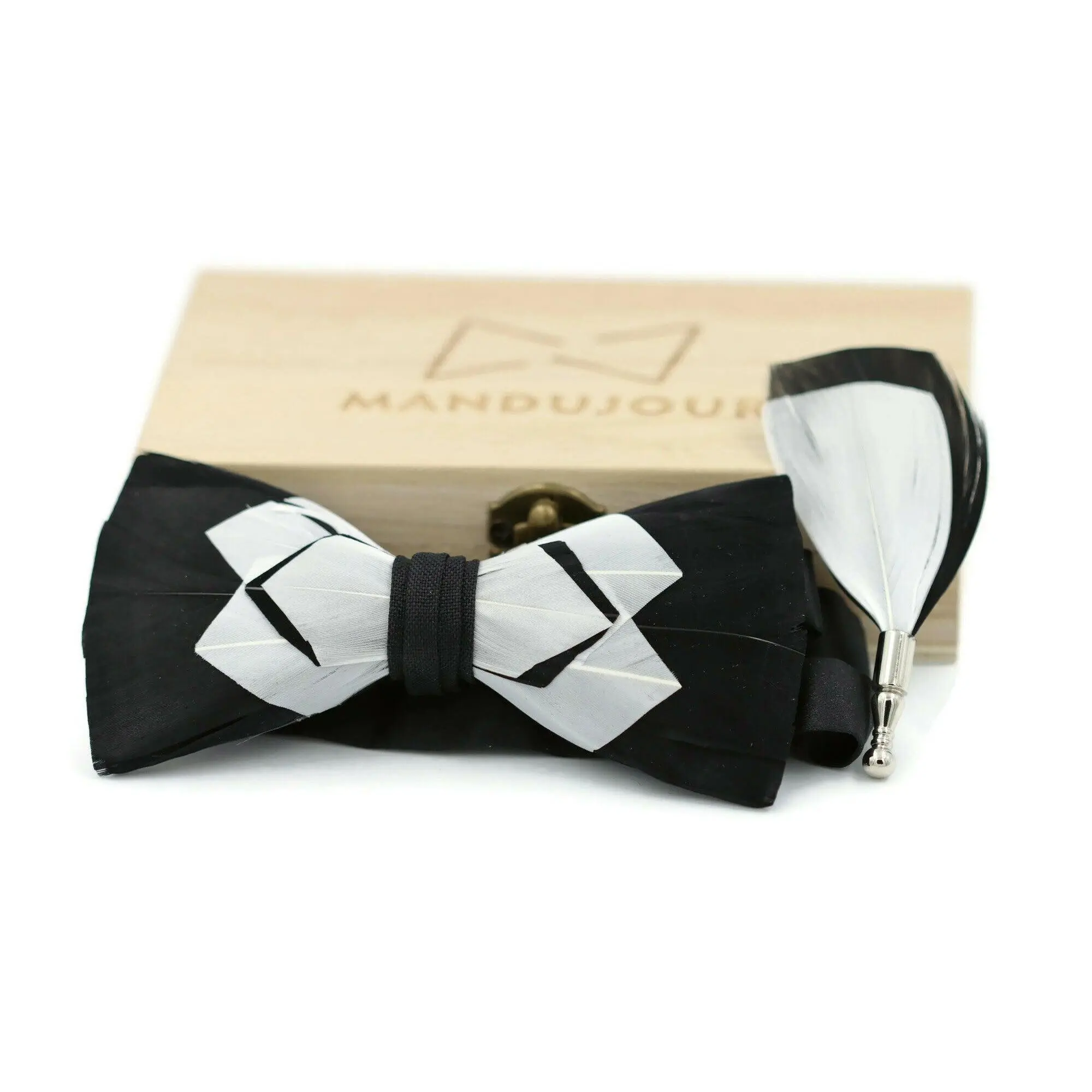 Black and white exotic Feather Bow Ties lapel Pin Set