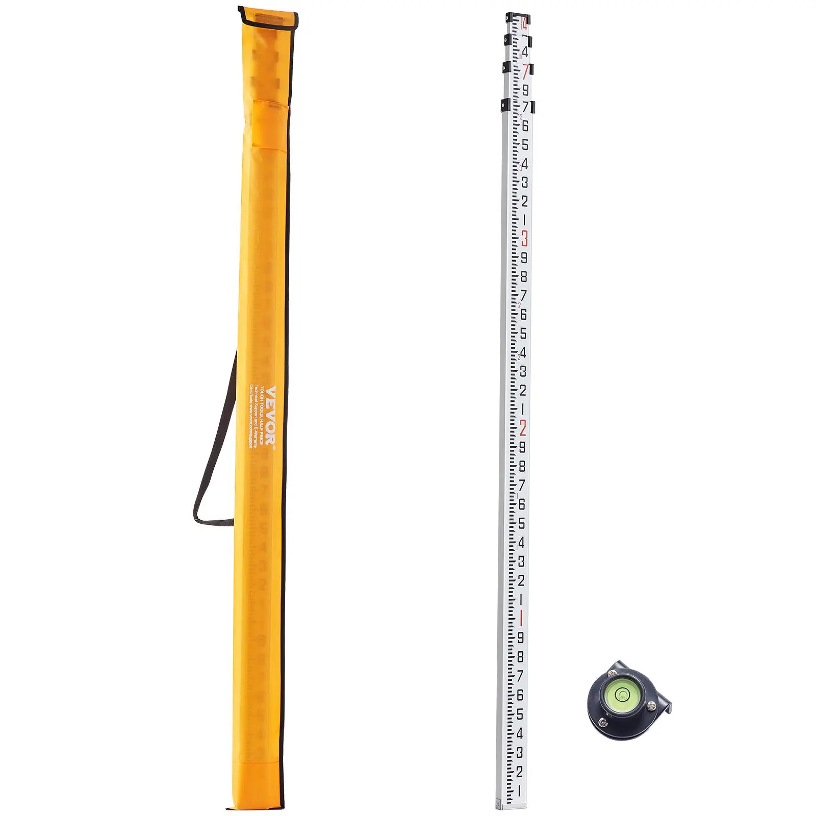 【summerfinds】VEVOR Aluminum Grade Rod, 14-Feet/10ths 6 Sections Telescopic Measuring Rod,Double-Sided Scale 1/10 ft Leveling Rod Stick,Aluminum Alloy Survey Rod w/ Bubble Level&Carrying Bag for Houses,Walls,Floors