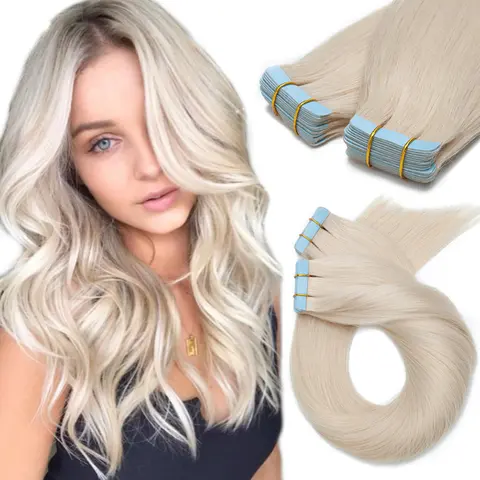 MY-LADY Tape-In Human Hair Extensions, 100% Remy Hair, 14-24in Silky Straight Blonde Pieces, 2.5g/pc, 20/40pcs Pack, 14in 20pcs Option, Women's Holiday Essential