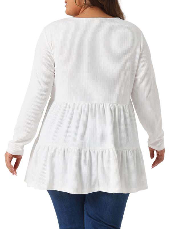 Agnes Orinda Plus Size Babydoll Tops for Women Long Sleeve Crew Neck Casual Loose Peplum Tops Blouses White