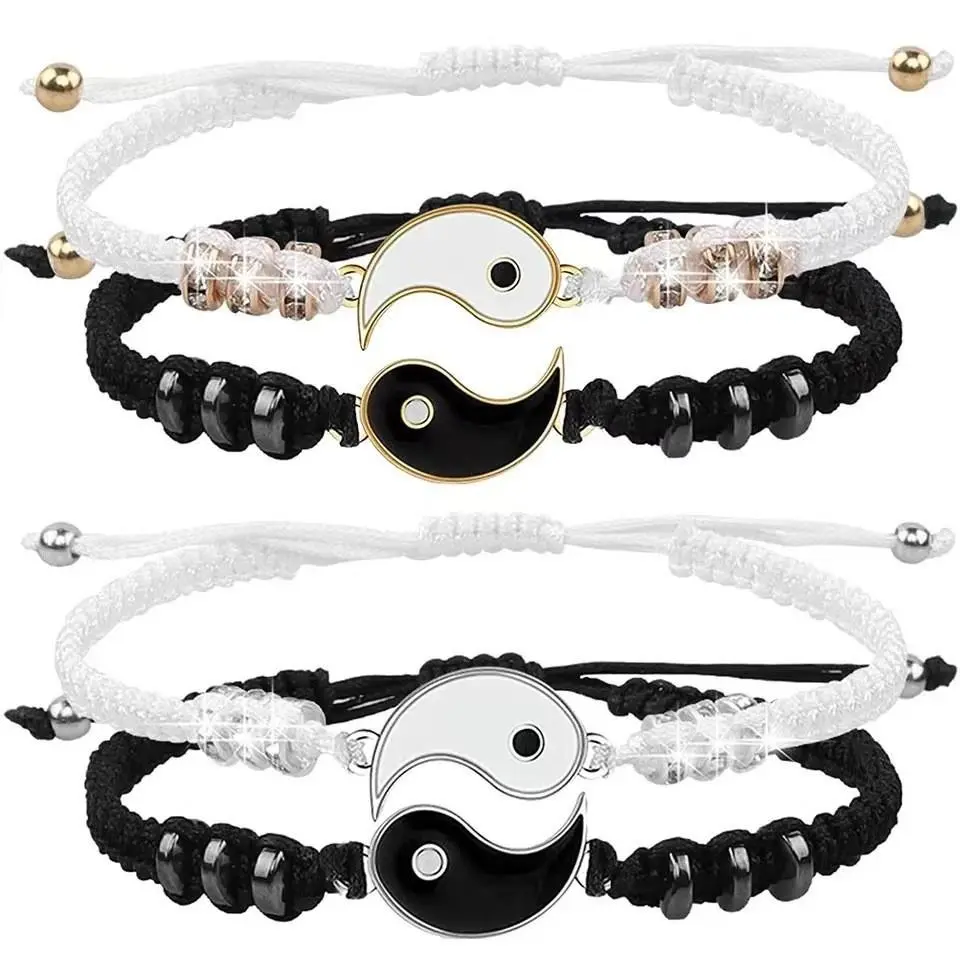 Tai Chi Dragon Charm Bracelet, Unisex Handmade Braided Alloy Metal with Rhinestones, Adjustable & Stretchable 16cm-26cm for Everyday Wear, Matching Pairs, Chain Jewelry Bracelets & Bangles, 16-26Cm, Braided Charm, Stretchable Band, 6G, Casual