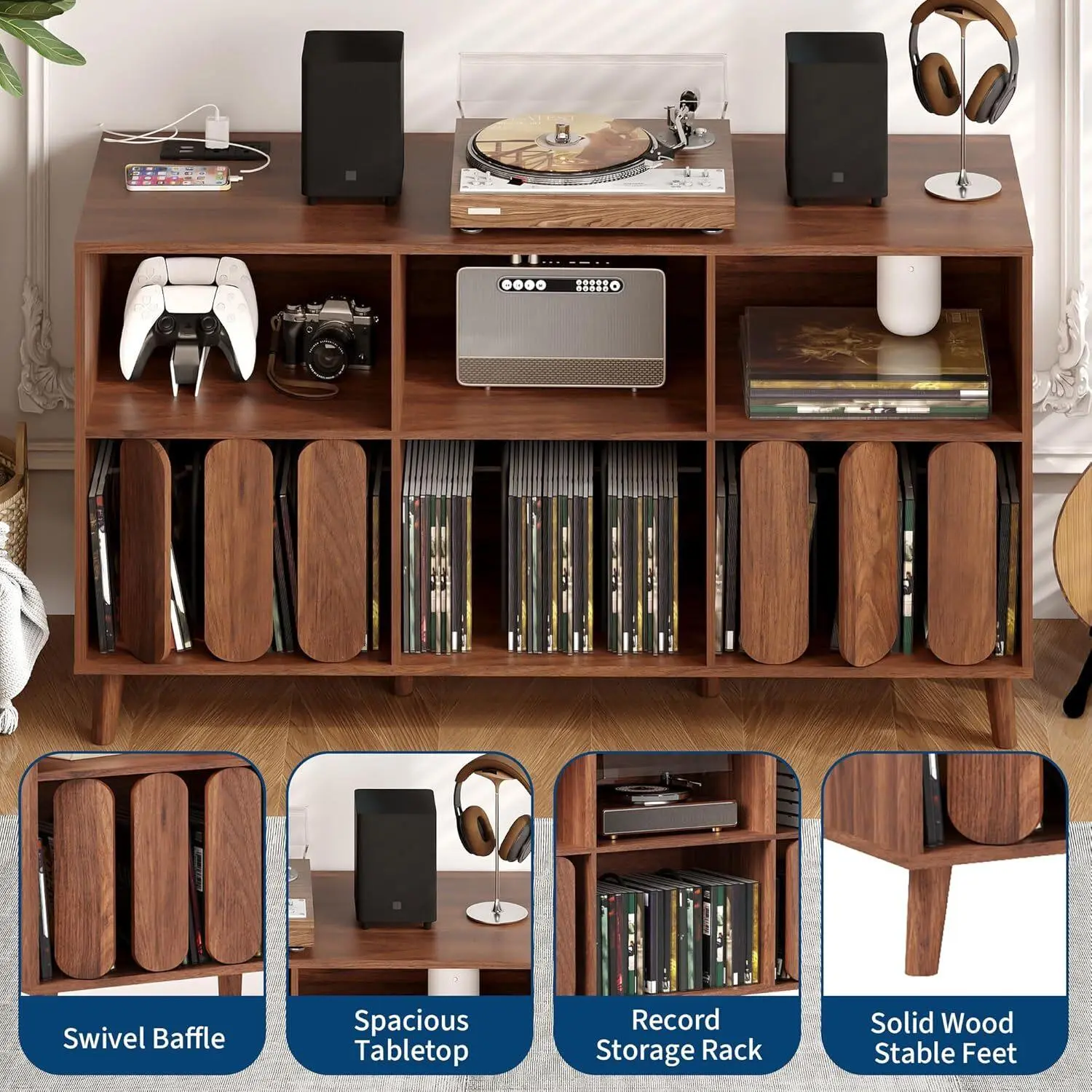 55in Large Record Player Stand  Mid-Century Modern Wood Media Console with Charging Station  Vinyl Record Storage Cabinet with 2 USB Ports  Open Shelves  Turntable Holder for Living Room
