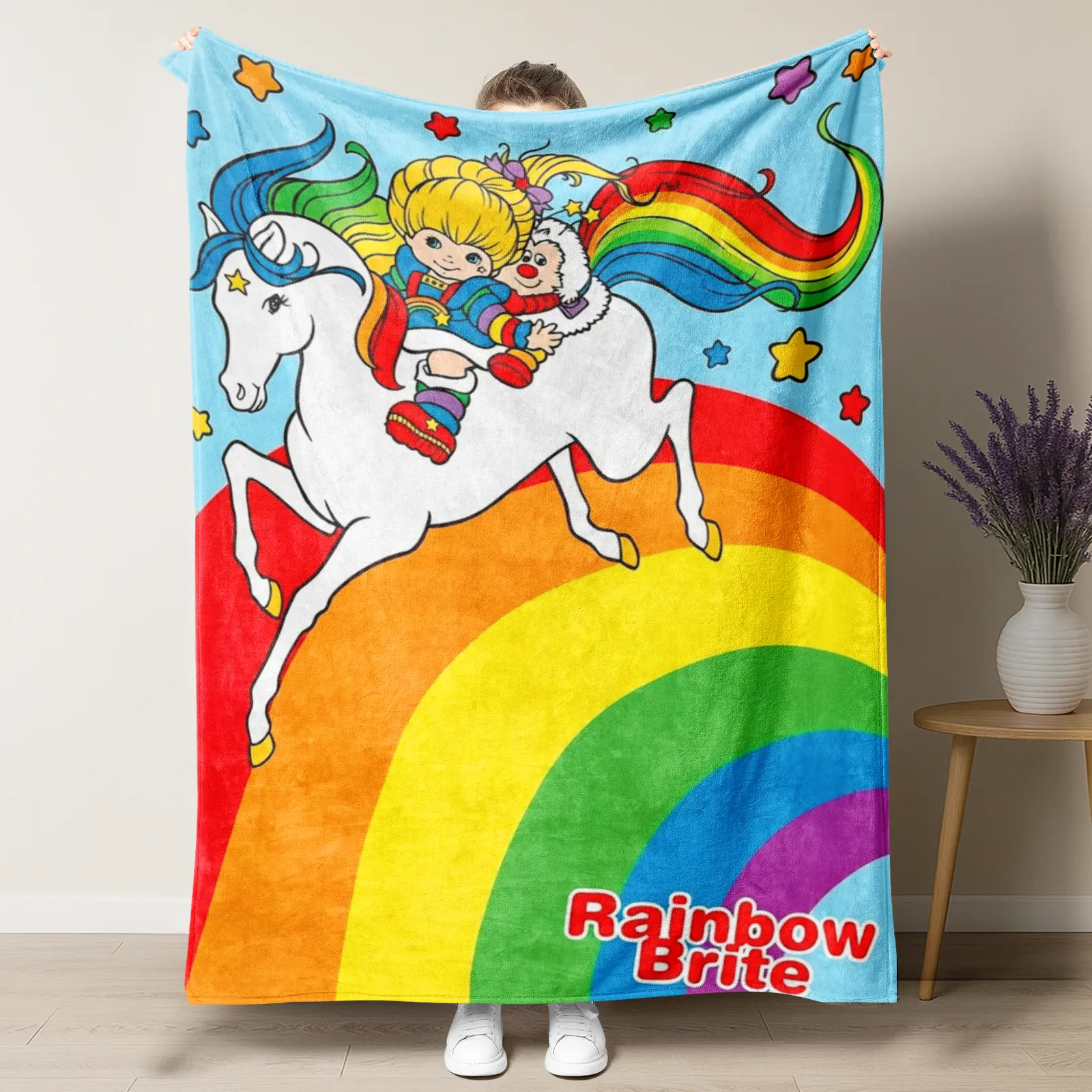 Rainbow Brite & Starlite Retro 80s Cartoon Design Polyester Fleece Blanket - Colorful Vintage Rainbow & Star Print, Ultra Soft, Feel Cosy Throw for Fans, Ideal for Bed, Sofa, Cartoon Design Blankets
