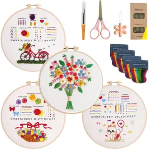 4 Pack Embroidery Kit for Beginners Adults, Hand Embroidery Kits with Pre-Stamped Floral Patterns and Instructions, Adjustable Hoop, Needlepoint Starter Kit DIY Art Crafts  (Flower A)