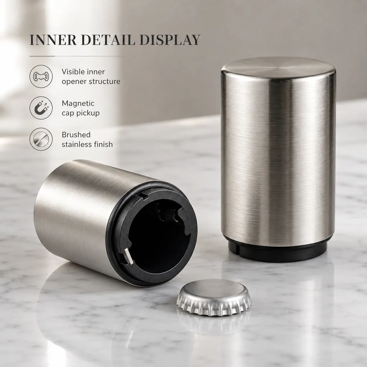 Premium Stainless Steel Magnetic Bottle Opener - Intelligent Auto-Ejection Technology, High Gauss Mag, All-Cap Compatibility, Durable, Cap Catcher Included, Home Bar & Kitchen Essential Home Supply