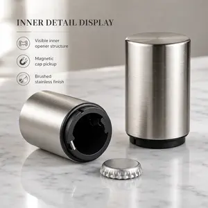 Premium Stainless Steel Magnetic Bottle Opener - Automatic Push-Down, Cap Catcher Included, Kitchen Utensils Opener for Home Bar & Kitchen Essentials
