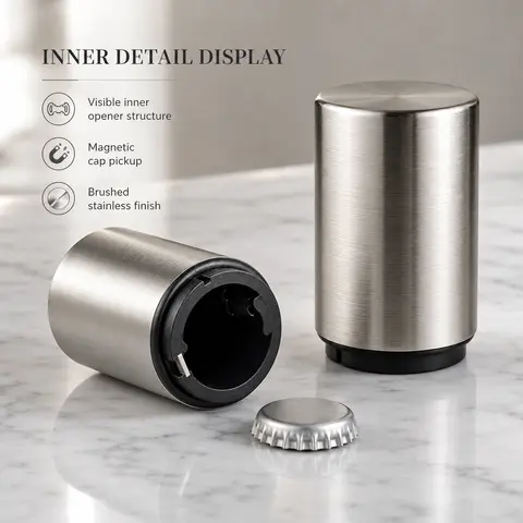 Surgical 304 Stainless Steel Magnetic Bottle Opener - Intelligent Auto-Ejection Tech, High Gauss Mag, All-Cap Compatibility, Antimicrobial Coating, Ergonomic Grip, Cap Catcher Included, Fine Dining Home Bar Kitchen Essential Single Unit Home Supply, Fine,
