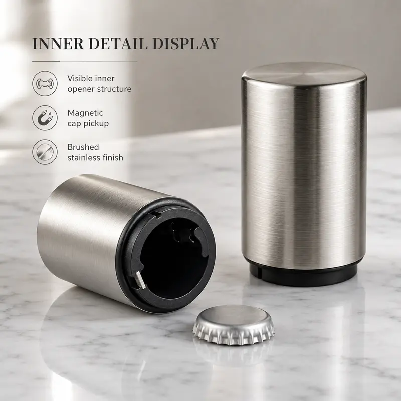 Surgical 304 Stainless Steel Magnetic Bottle Opener - Intelligent Auto-Ejection Tech, High Gauss Mag, All-Cap Compatibility, Antimicrobial Coating, Ergonomic Grip, Cap Catcher Included, Fine Dining Home Bar Kitchen Essential Single Unit Home Supply, Fine,