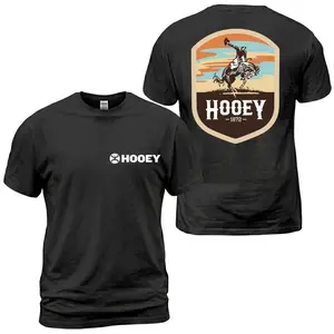 Hooey Rodeo Rider T-Shirt, Western Cowboy Graphic Tee, Bucking Horse Back Print With Hooey Front Chest Logo, Retro Ranch Badge Design, Soft Cotton Tee Gift For Men and Women