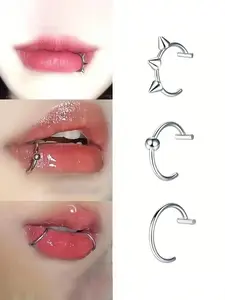 Stainless Steel Fake Lip Rings, Vampire Teeth Design, Unisex Jewelry Set, Cosplay and Party Accessories, No Piercing Lip Rings