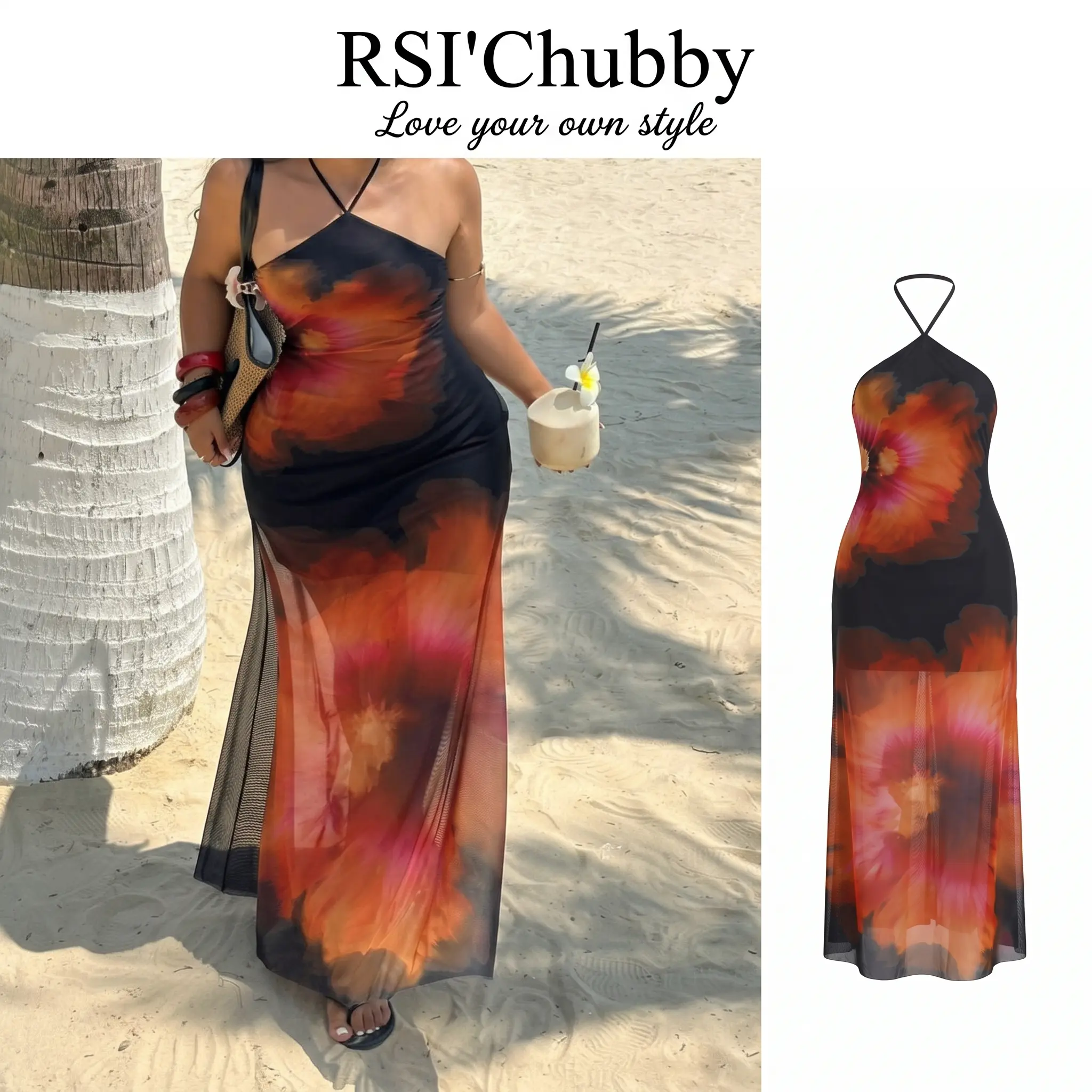 Elegant Tropical Floral Maxi Dress for Women Wedding Guest Summer Beach Vacation Dress Halter Tie Neck Backless Mermaid Bodycon Evening Party Gown