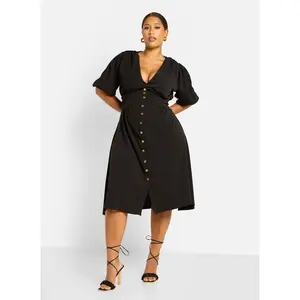 Nila Button Detail Skater Midi Dress - Black Nila Button Detail Skater Midi Dress - Black