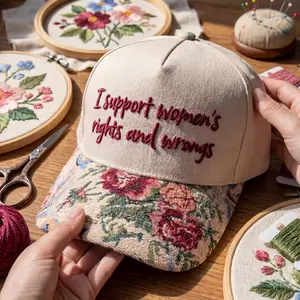 Embroidered “I Support Women’s Rights & Wrongs” Floral Hat  | Funny Sarcastic Girl Boss Cap | Vintage Tapestry Style Baseball Hat | Feminist Humor Streetwear | Cute Sassy Gift for Bestie, Sister, Friend | Trendy TikTok Hat