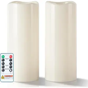 4"x10" Large Outdoor  Flameless Candles  White with Timer & Remote,  Operated LED Flickering Pillar Candles for Patio Porch Halloween Christmas Lantern, Set of 2
