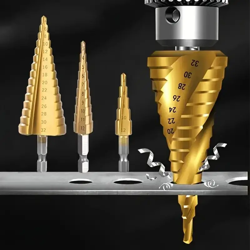 Titanium Coated High Speed Steel Step Drill Bit Set, Durable Hex Shank Cone Drill Bit Kit, Practical Power Tool Accessories, Heavy Duty, Hardware, Cut